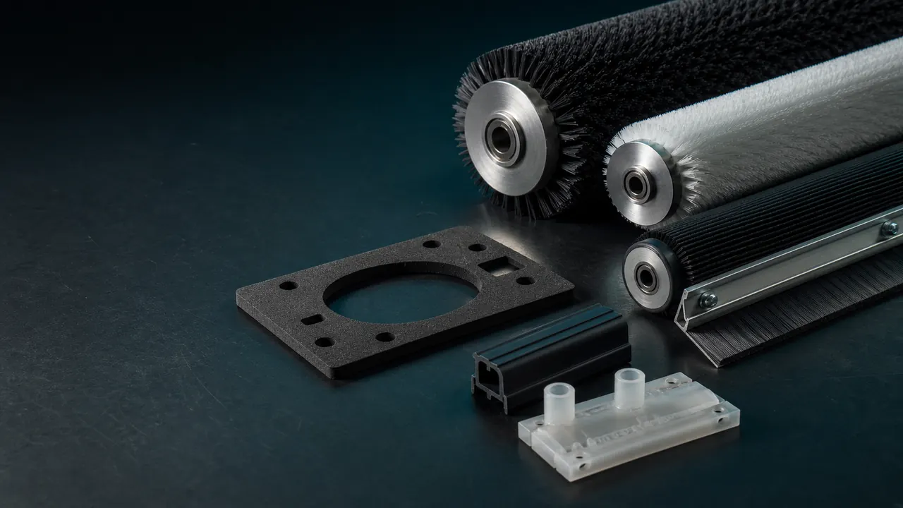 Conceptual roller brushes, static brush, die-cut foam gasket, polymer extrusion, and welded polymer assembly