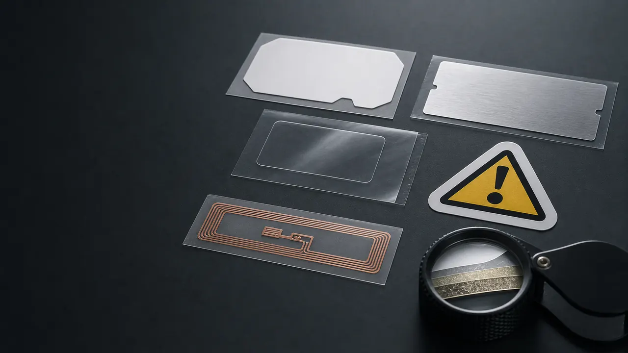 Conceptual durable label constructions, RFID inlay, clear film, foil, and warning-symbol label