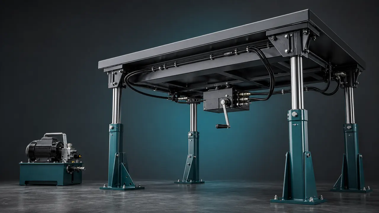 Conceptual four-point synchronized bolt-on lift system under an industrial workbench