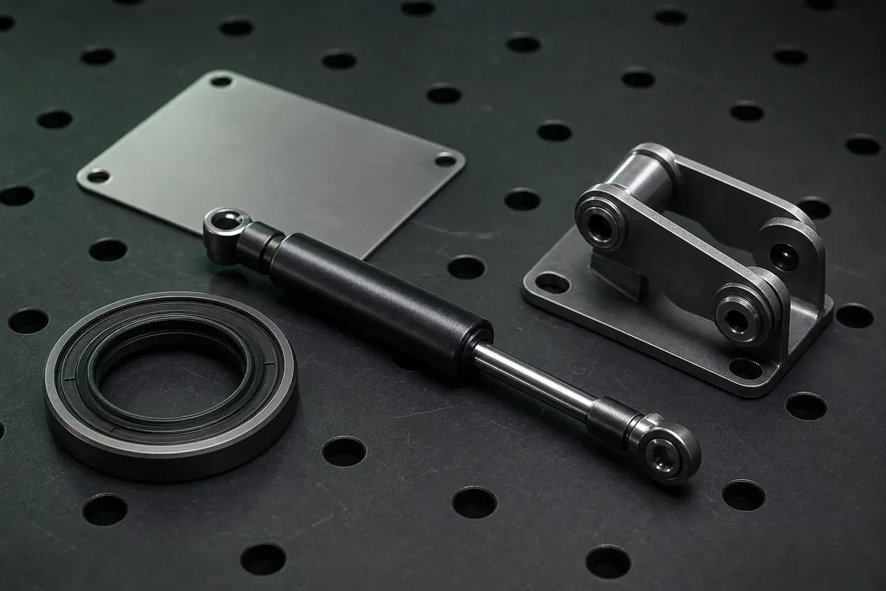 Conceptual gas spring, seal, label plate, and motion bracket on an engineering surface