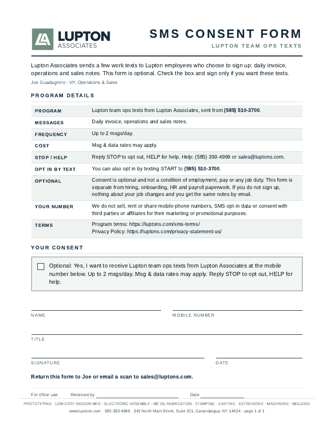 Blank Lupton SMS consent form for Lupton team ops texts